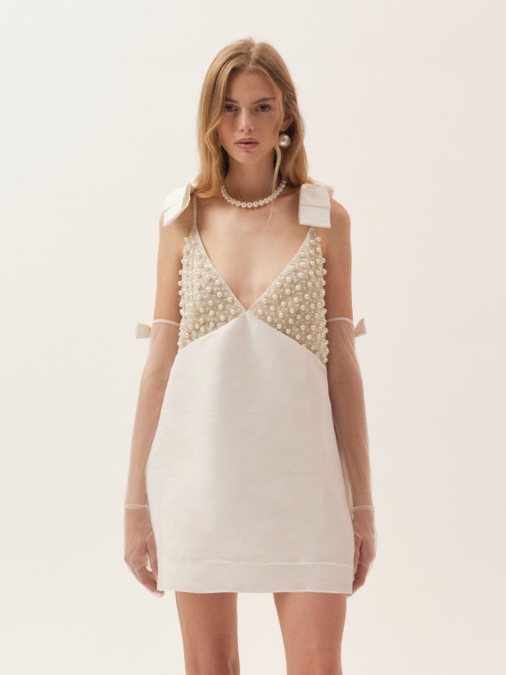 For Love & Lemons Pearly Bow White Satin Mini Dress Size Small NWT